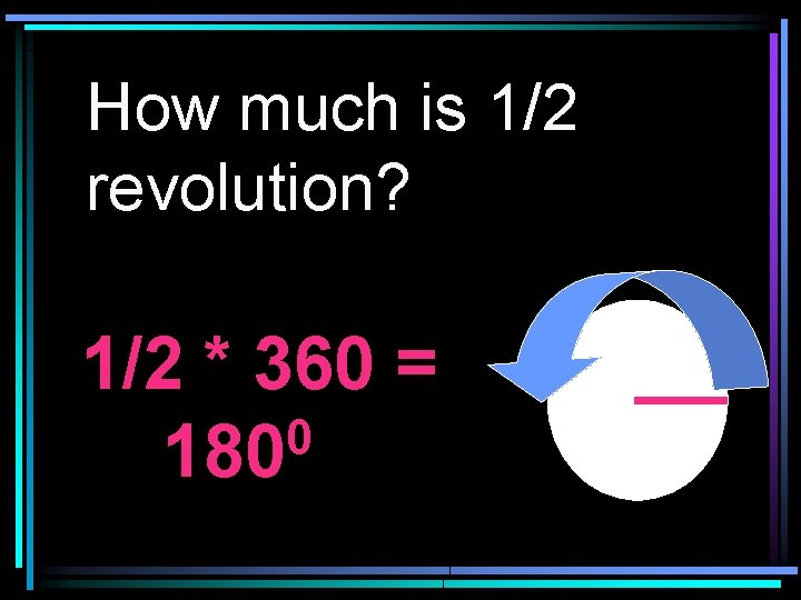 How much is 1/2 revolution? 1/2 * 360 = 0 180 