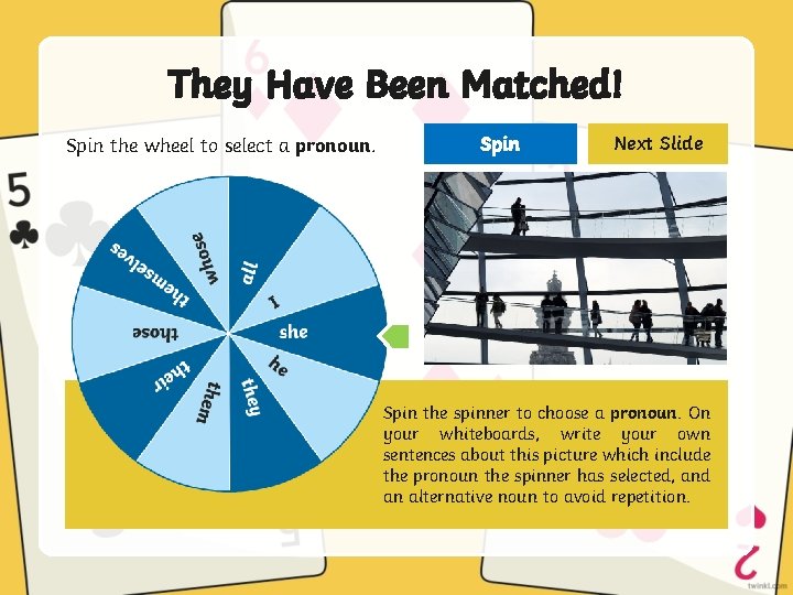 They Have Been Matched! Spin the wheel to select a pronoun. Spin Next Slide