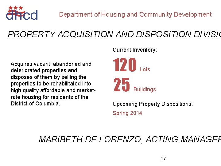 Department of Housing and Community Development PROPERTY ACQUISITION AND DISPOSITION DIVISIO Current Inventory: Acquires