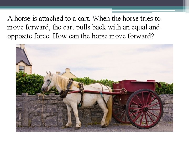 A horse is attached to a cart. When the horse tries to move forward,