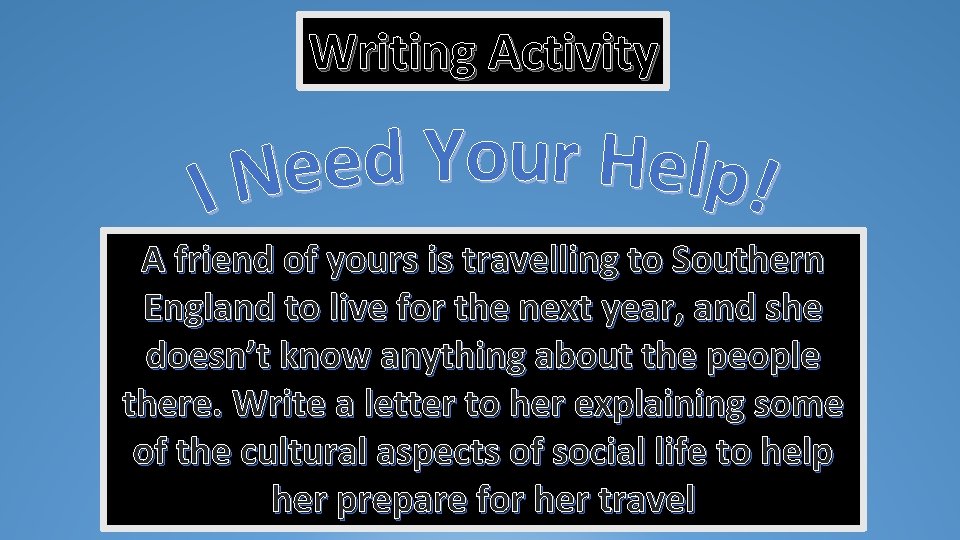 Writing Activity A friend of yours is travelling to Southern England to live for