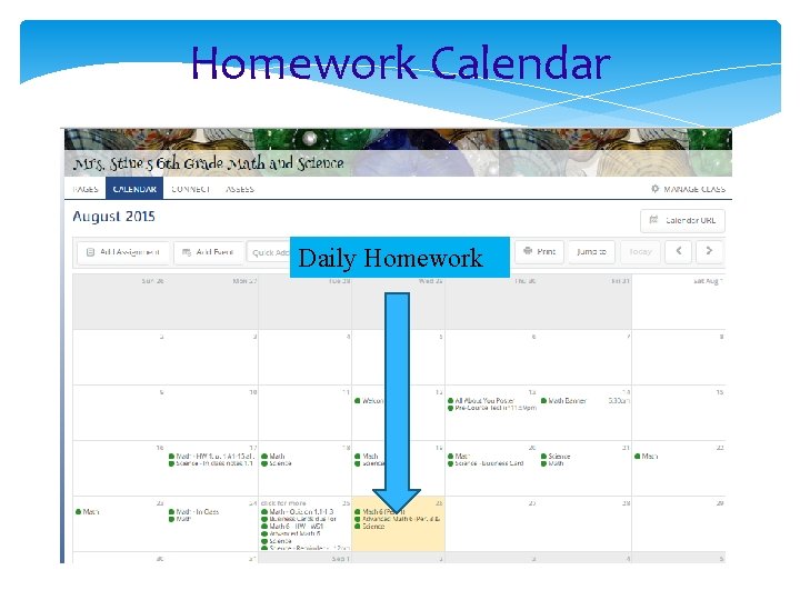 Homework Calendar Daily Homework 