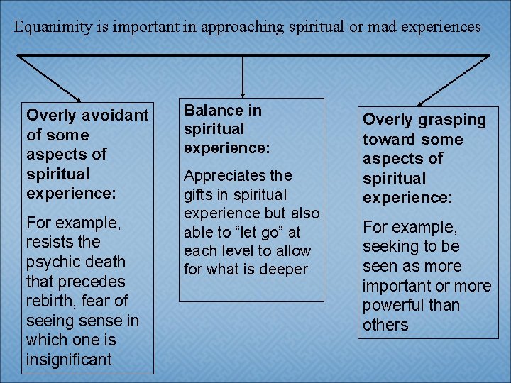 Equanimity is important in approaching spiritual or mad experiences Overly avoidant of some aspects