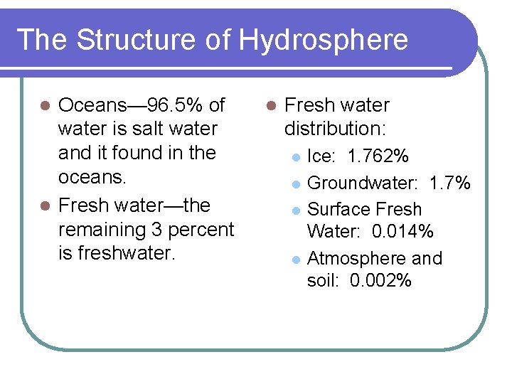 The Structure of Hydrosphere Oceans— 96. 5% of water is salt water and it