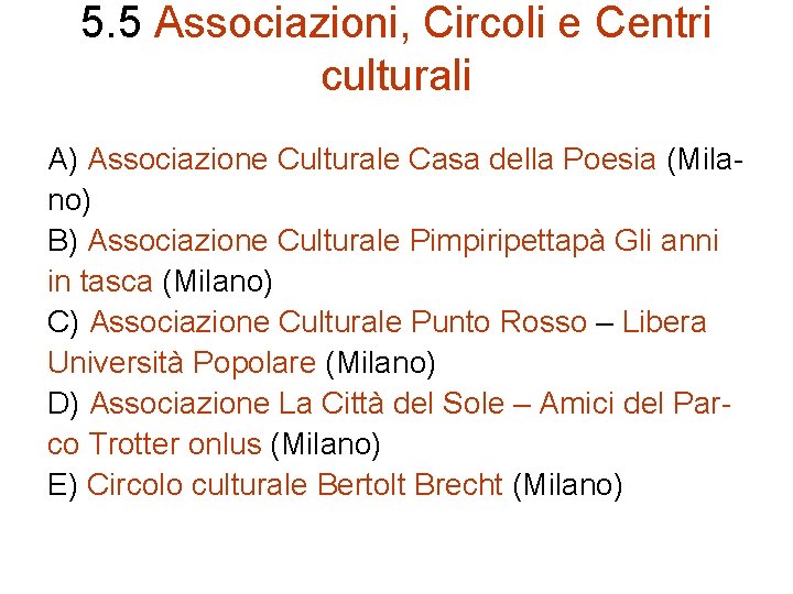 5. 5 Associazioni, Circoli e Centri culturali A) Associazione Culturale Casa della Poesia (Milano)