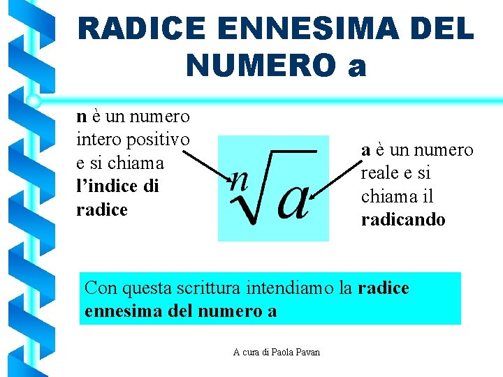 RADICE ENNESIMA DEL NUMERO a n è un numero intero positivo e si chiama