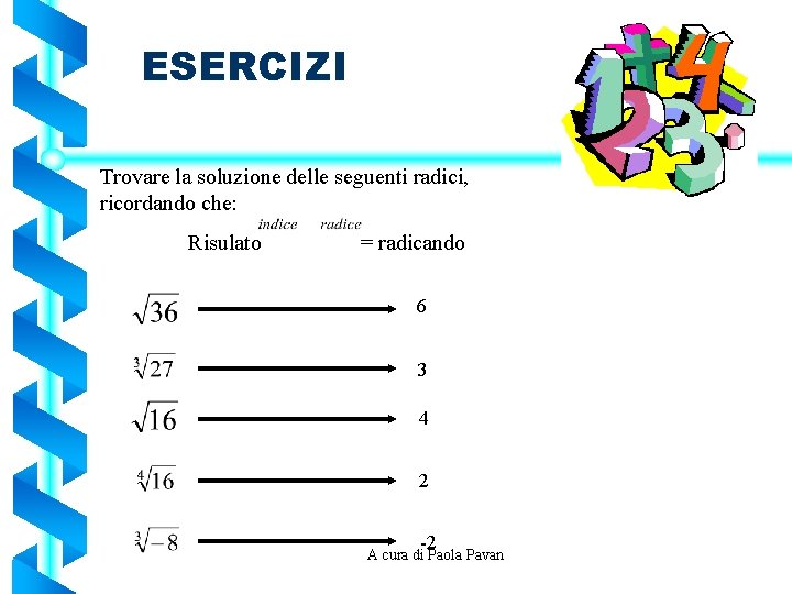 ESERCIZI Trovare la soluzione delle seguenti radici, ricordando che: Risulato = radicando 6 3