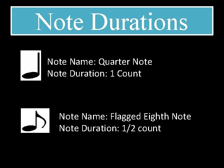 Note Durations Note Name: Quarter Note Duration: 1 Count Note Name: Flagged Eighth Note