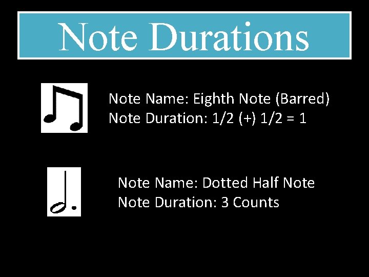 Note Durations Note Name: Eighth Note (Barred) Note Duration: 1/2 (+) 1/2 = 1