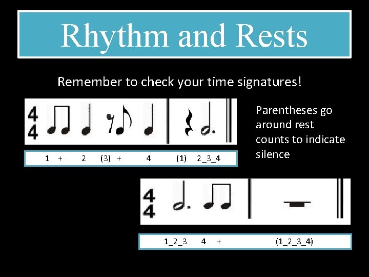 Rhythm and Rests Remember to check your time signatures! 1 + 2 (3) +
