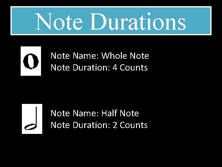 Note Durations Note Name: Whole Note Duration: 4 Counts Note Name: Half Note Duration:
