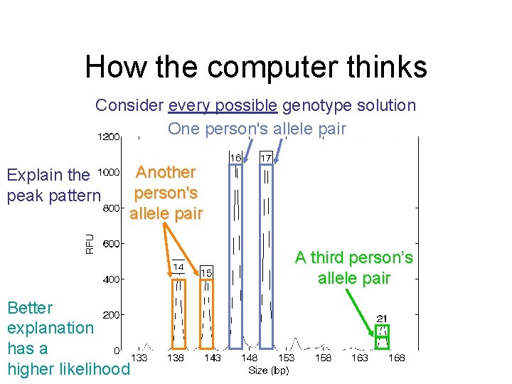 How the computer thinks Consider every possible genotype solution One person's allele pair Explain