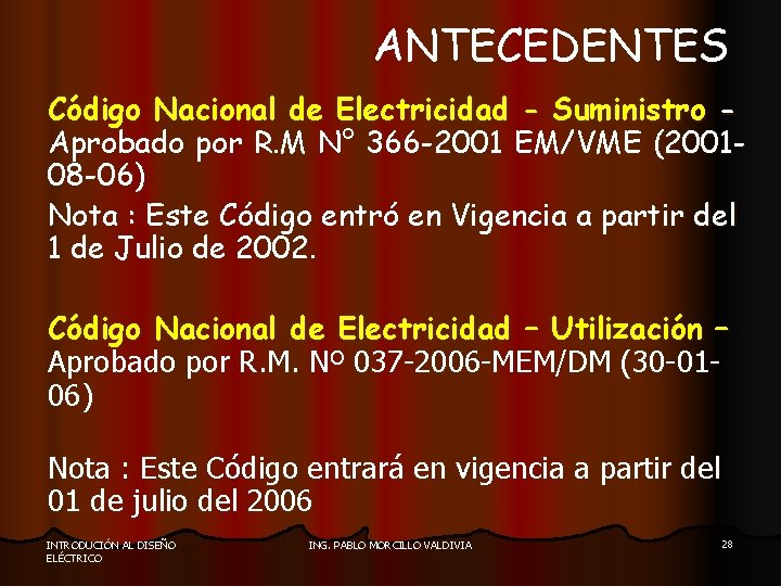 ANTECEDENTES Código Nacional de Electricidad - Suministro Aprobado por R. M N° 366 -2001