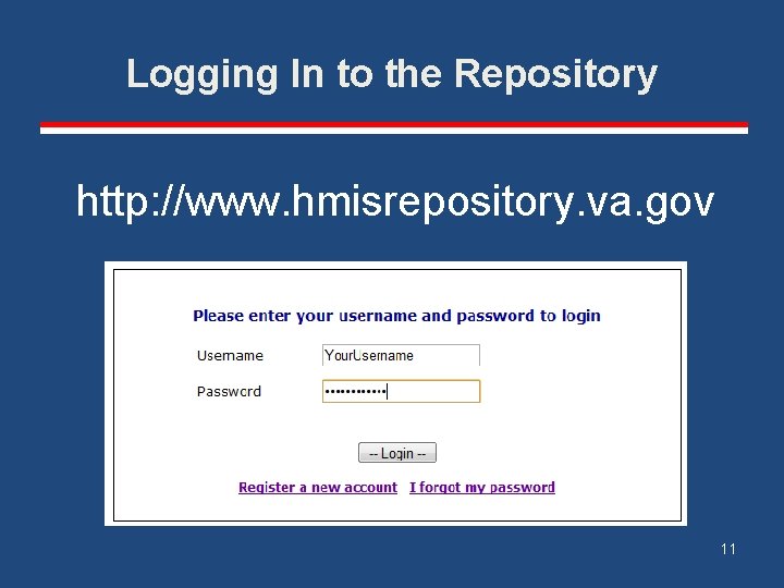 Logging In to the Repository http: //www. hmisrepository. va. gov 11 