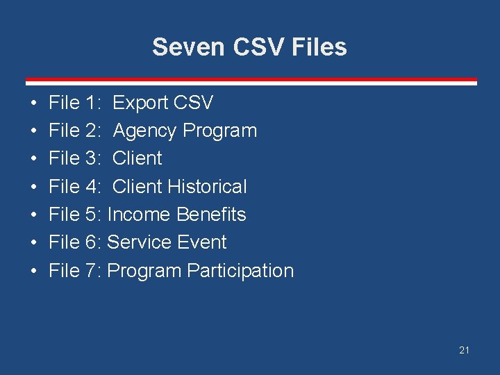 Seven CSV Files • • File 1: Export CSV File 2: Agency Program File