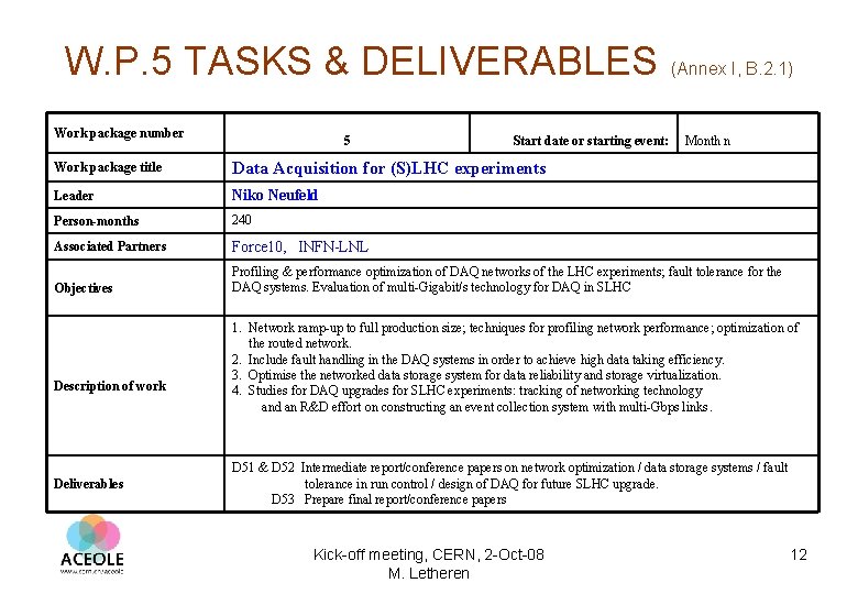 W. P. 5 TASKS & DELIVERABLES Work package number 5 Start date or starting