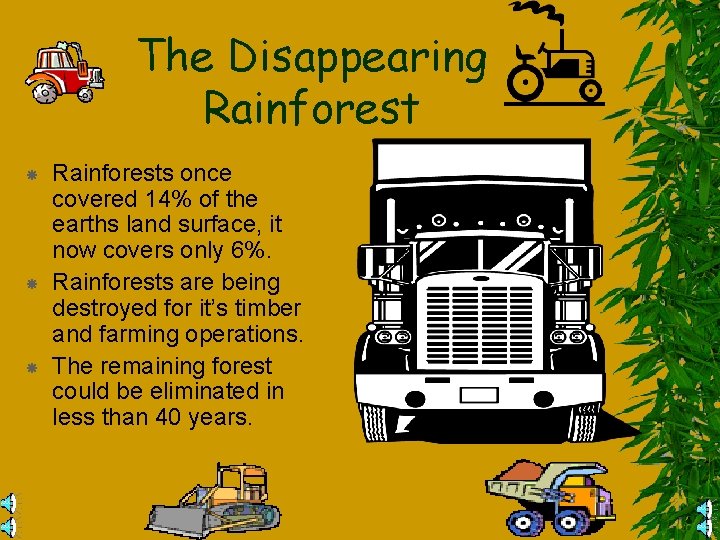 The Disappearing Rainforest Rainforests once covered 14% of the earths land surface, it now