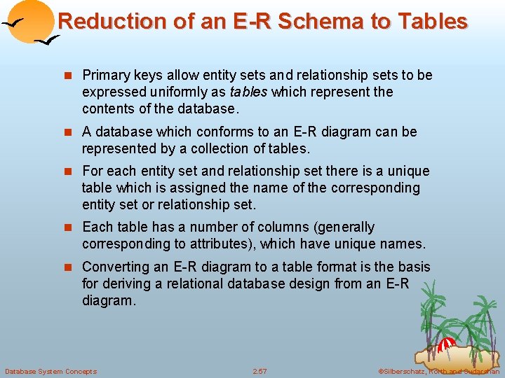 Reduction of an E-R Schema to Tables n Primary keys allow entity sets and