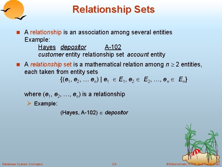 Relationship Sets n A relationship is an association among several entities Example: Hayes depositor