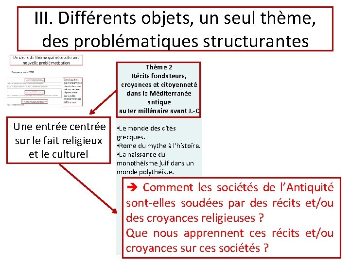 III. Différents objets, un seul thème, des problématiques structurantes Thème 2 Récits fondateurs, croyances