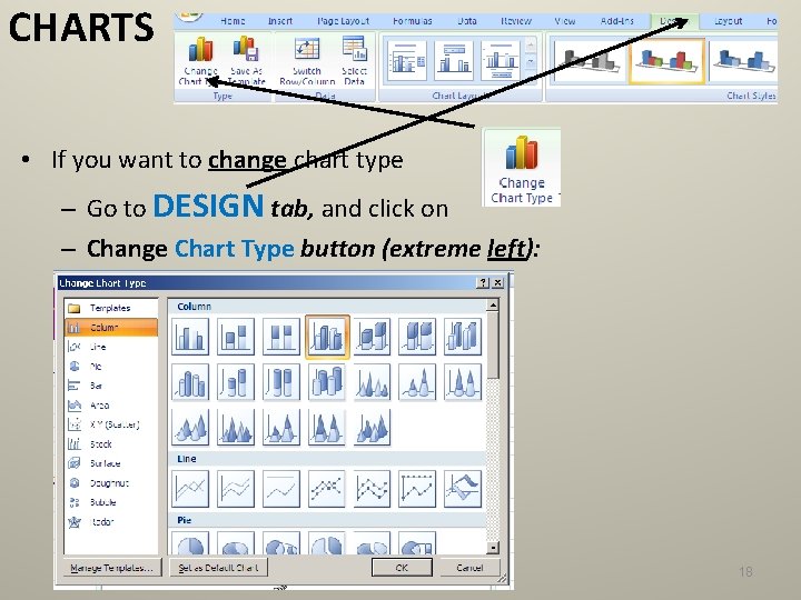 CHARTS • If you want to change chart type – Go to DESIGN tab,