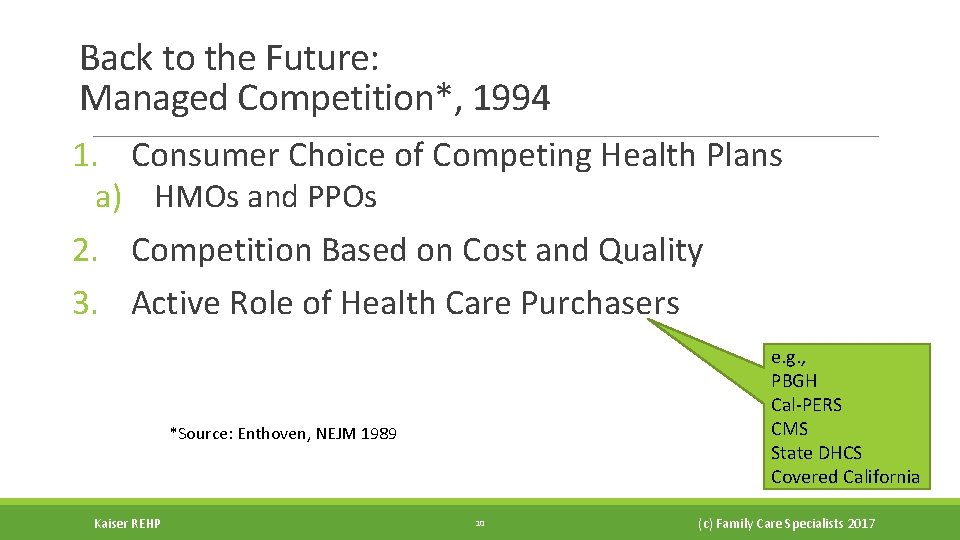 Back to the Future: Managed Competition*, 1994 1. Consumer Choice of Competing Health Plans