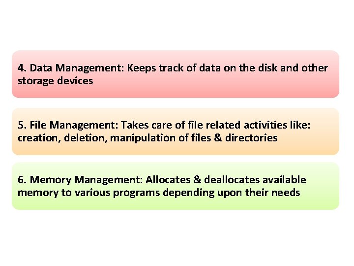 4. Data Management: Keeps track of data on the disk and other storage devices