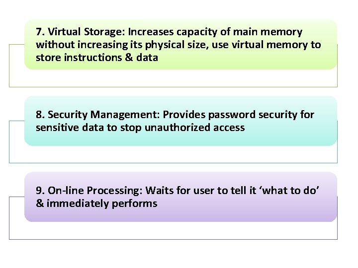 7. Virtual Storage: Increases capacity of main memory without increasing its physical size, use