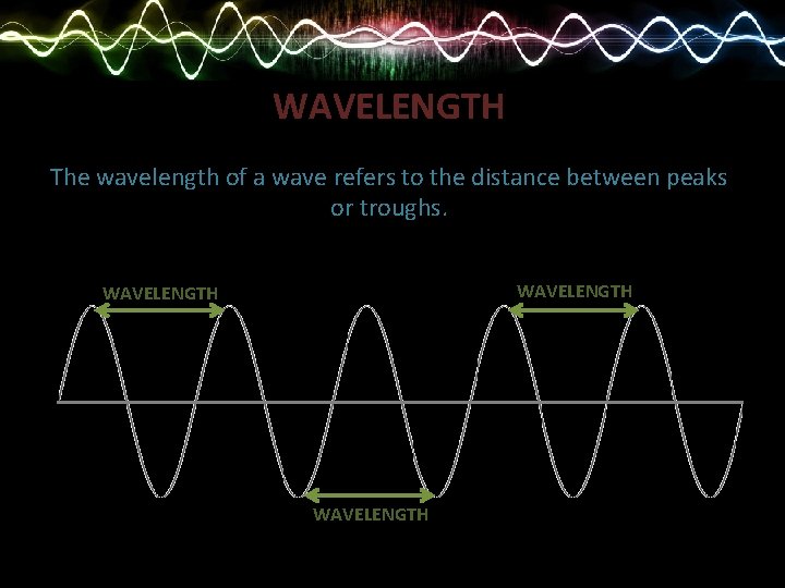 WAVELENGTH The wavelength of a wave refers to the distance between peaks or troughs.