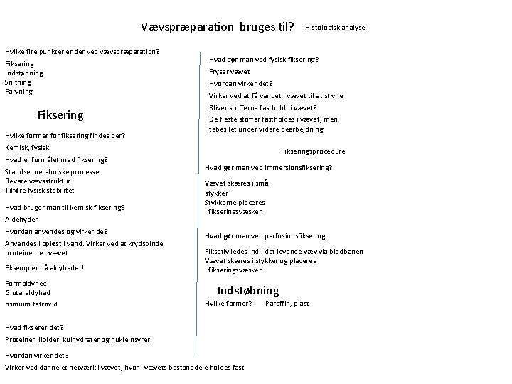 Vævspræparation bruges til? Hvilke fire punkter er der ved vævspræparation? Fiksering Indstøbning Snitning Farvning