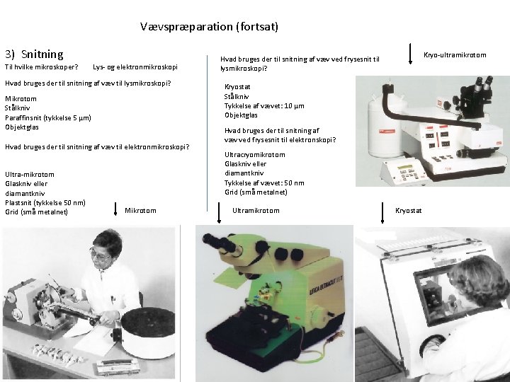 Vævspræparation (fortsat) 3) Snitning Til hvilke mikroskoper? Lys- og elektronmikroskopi Hvad bruges der til