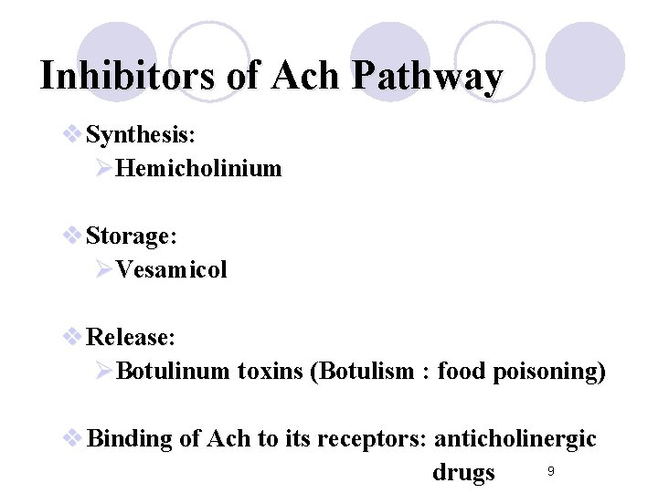 Inhibitors of Ach Pathway v Synthesis: ØHemicholinium v Storage: ØVesamicol v Release: ØBotulinum toxins