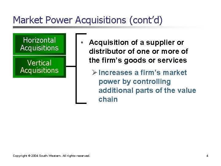 Market Power Acquisitions (cont’d) Horizontal Acquisitions Vertical Acquisitions • Acquisition of a supplier or