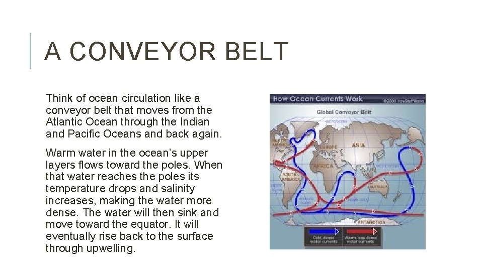 A CONVEYOR BELT Think of ocean circulation like a conveyor belt that moves from