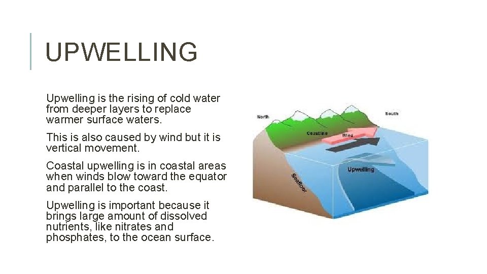 UPWELLING Upwelling is the rising of cold water from deeper layers to replace warmer