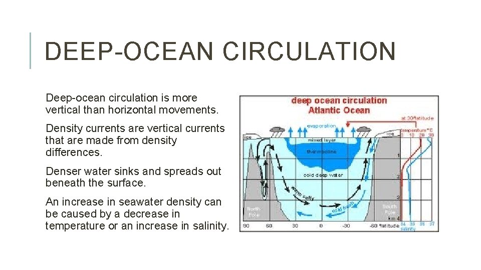 DEEP-OCEAN CIRCULATION Deep-ocean circulation is more vertical than horizontal movements. Density currents are vertical