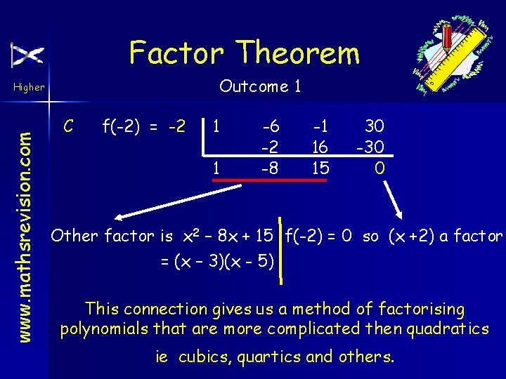 Factor Theorem Outcome 1 www. mathsrevision. com Higher C f(-2) = -2 1 1