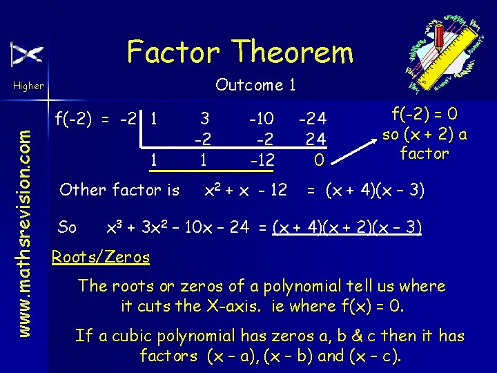 Factor Theorem Outcome 1 Higher www. mathsrevision. com f(-2) = -2 1 1 Other