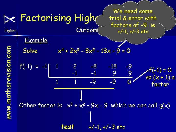 We need some trial & error with factors of – 9 ie Factorising Higher