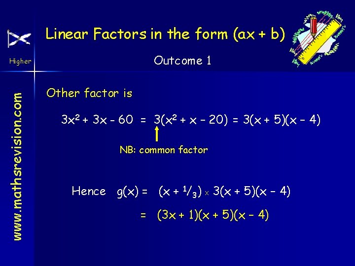 Linear Factors in the form (ax + b) Outcome 1 www. mathsrevision. com Higher