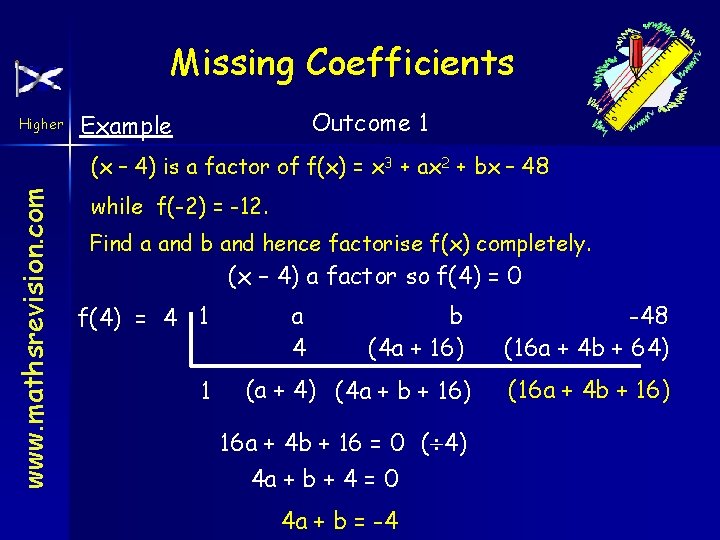 Missing Coefficients Higher Outcome 1 Example www. mathsrevision. com (x – 4) is a