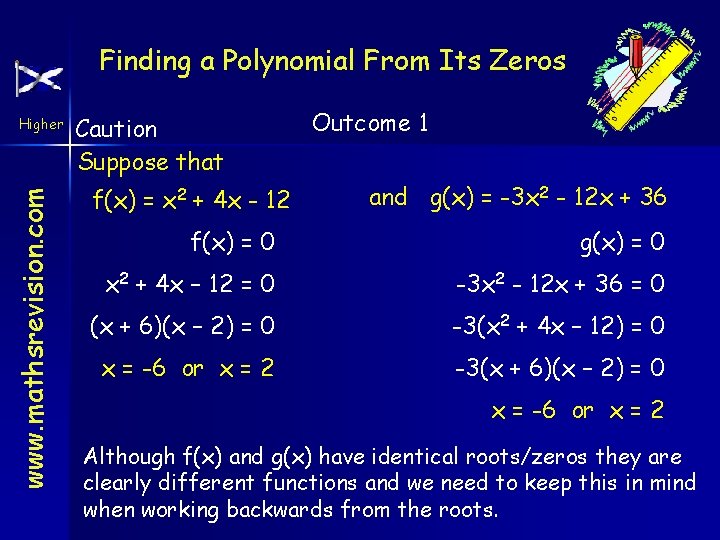 Finding a Polynomial From Its Zeros www. mathsrevision. com Higher Caution Suppose that f(x)