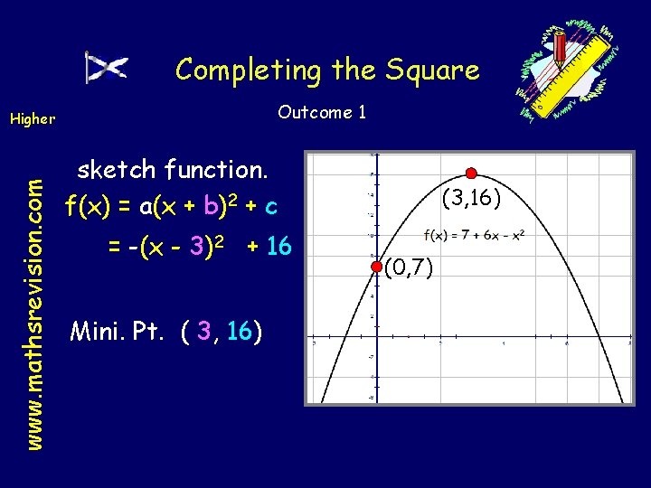 Completing the Square Outcome 1 www. mathsrevision. com Higher sketch function. f(x) = a(x