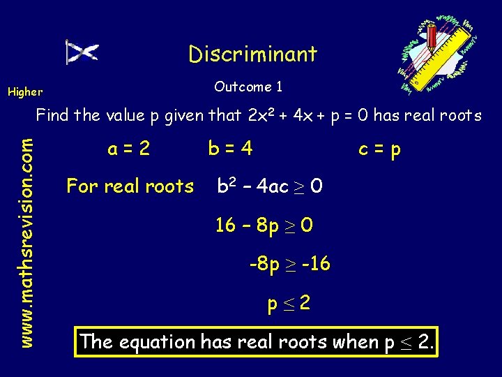 Discriminant Outcome 1 Higher www. mathsrevision. com Find the value p given that 2