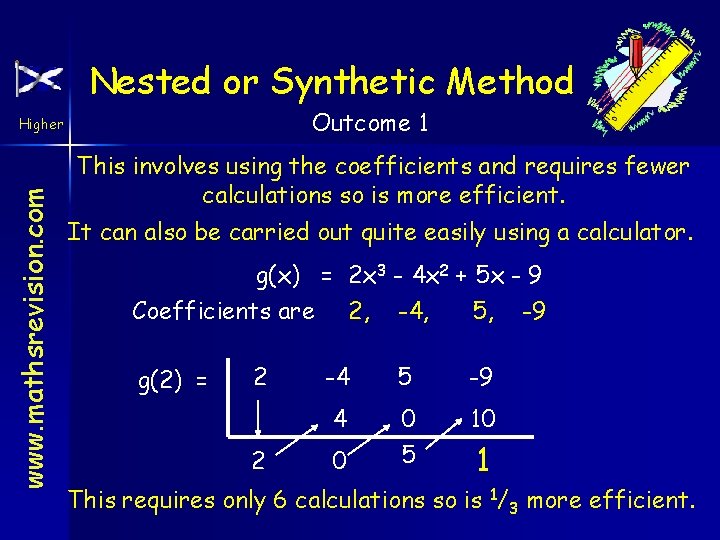 Nested or Synthetic Method Outcome 1 www. mathsrevision. com Higher This involves using the