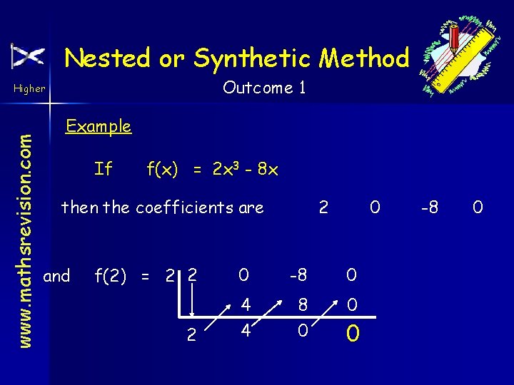 Nested or Synthetic Method Outcome 1 www. mathsrevision. com Higher Example If f(x) =