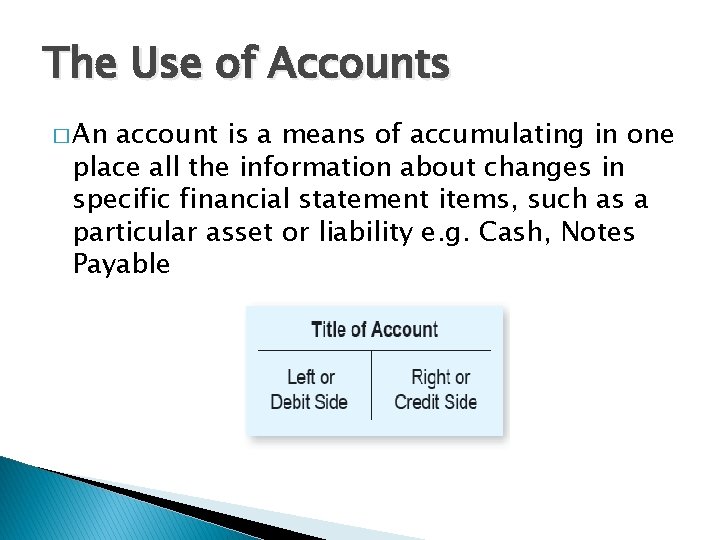 The Use of Accounts � An account is a means of accumulating in one
