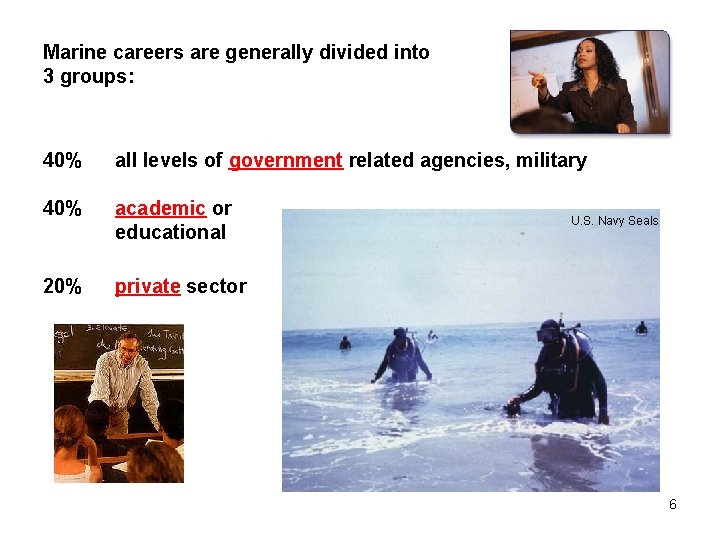 Marine careers are generally divided into 3 groups: 40% all levels of government related