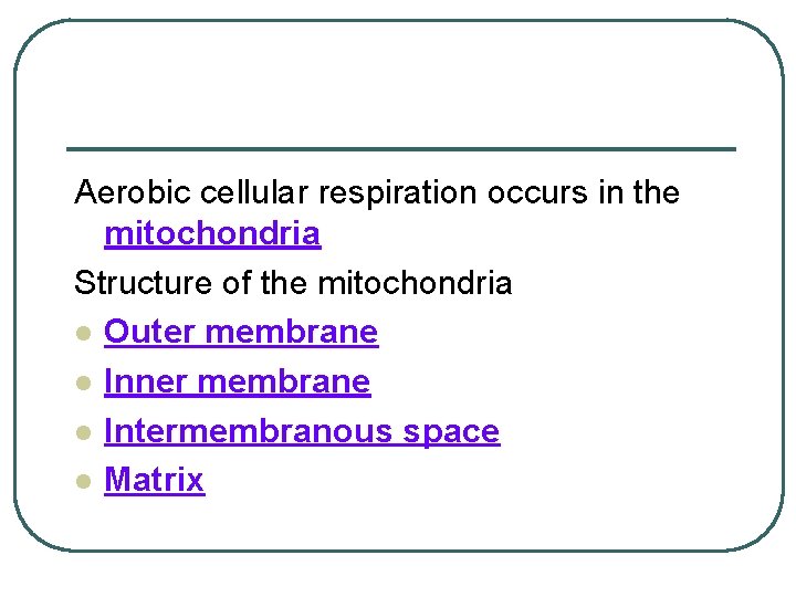 Aerobic cellular respiration occurs in the mitochondria Structure of the mitochondria l Outer membrane