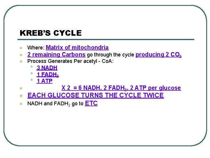 KREB’S CYCLE Where: Matrix of mitochondria l 2 remaining Carbons go through the cycle